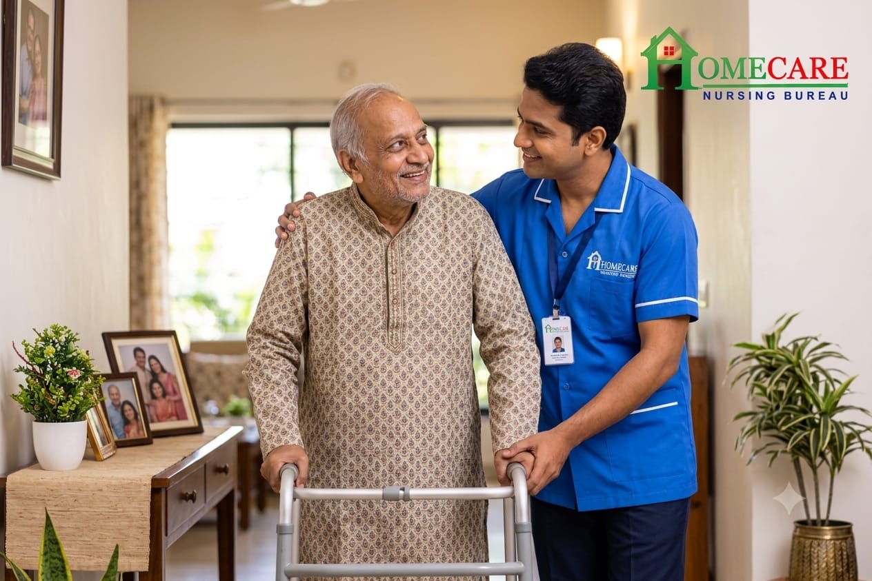 Male patient caretaker providing mobility support in Pune
